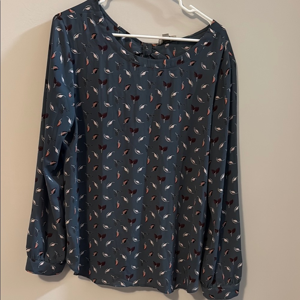 LOFT Gray Blouse with Peter Pan Collar and Long Sleeves